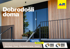 Moderna vhodna vrata s temnim steklom in lesenimi ploščami ob straneh, s sporočilom 'Dobrodošli doma'.
